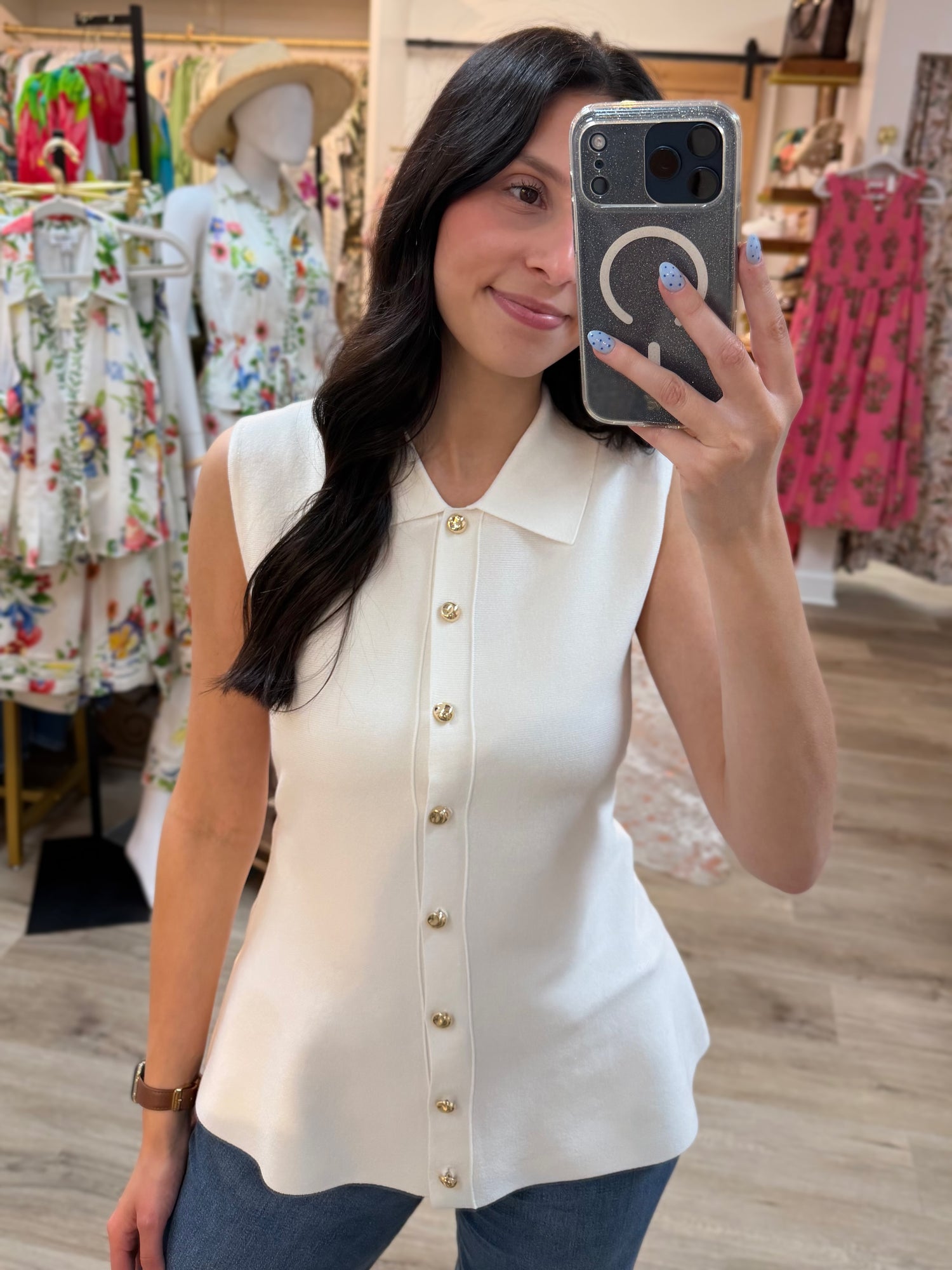 CREAM STRUCTURED BUTTON UP SLEEVELESS KNIT TOP