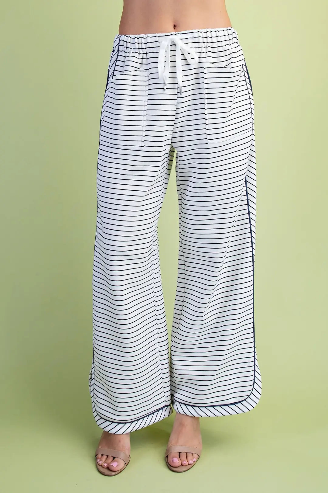 BLACK/WHITE STRIPE DENIM PIPING ELASTIC WAISTBAND KNIT PANTS