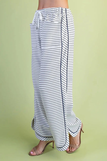 BLACK/WHITE STRIPE DENIM PIPING ELASTIC WAISTBAND KNIT PANTS