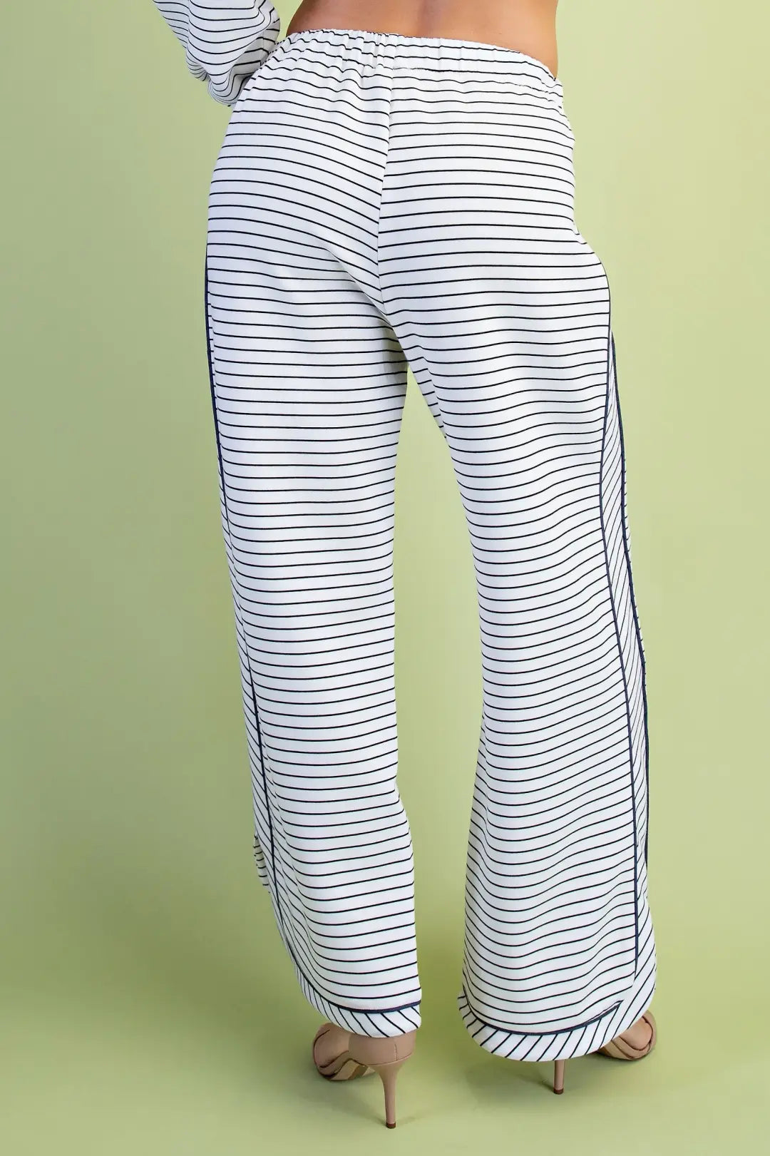 BLACK/WHITE STRIPE DENIM PIPING ELASTIC WAISTBAND KNIT PANTS