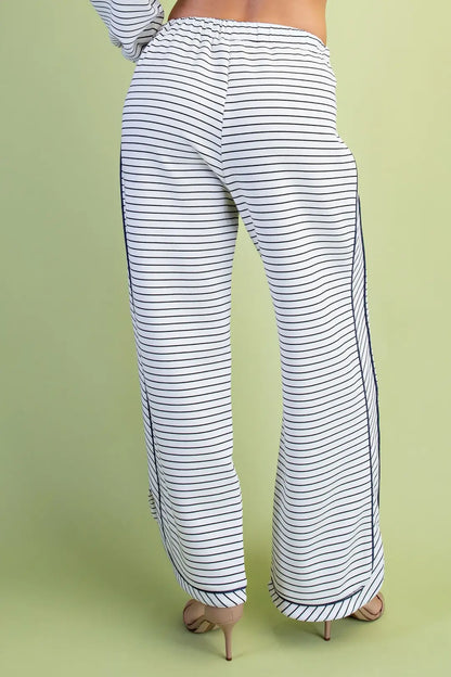 BLACK/WHITE STRIPE DENIM PIPING ELASTIC WAISTBAND KNIT PANTS
