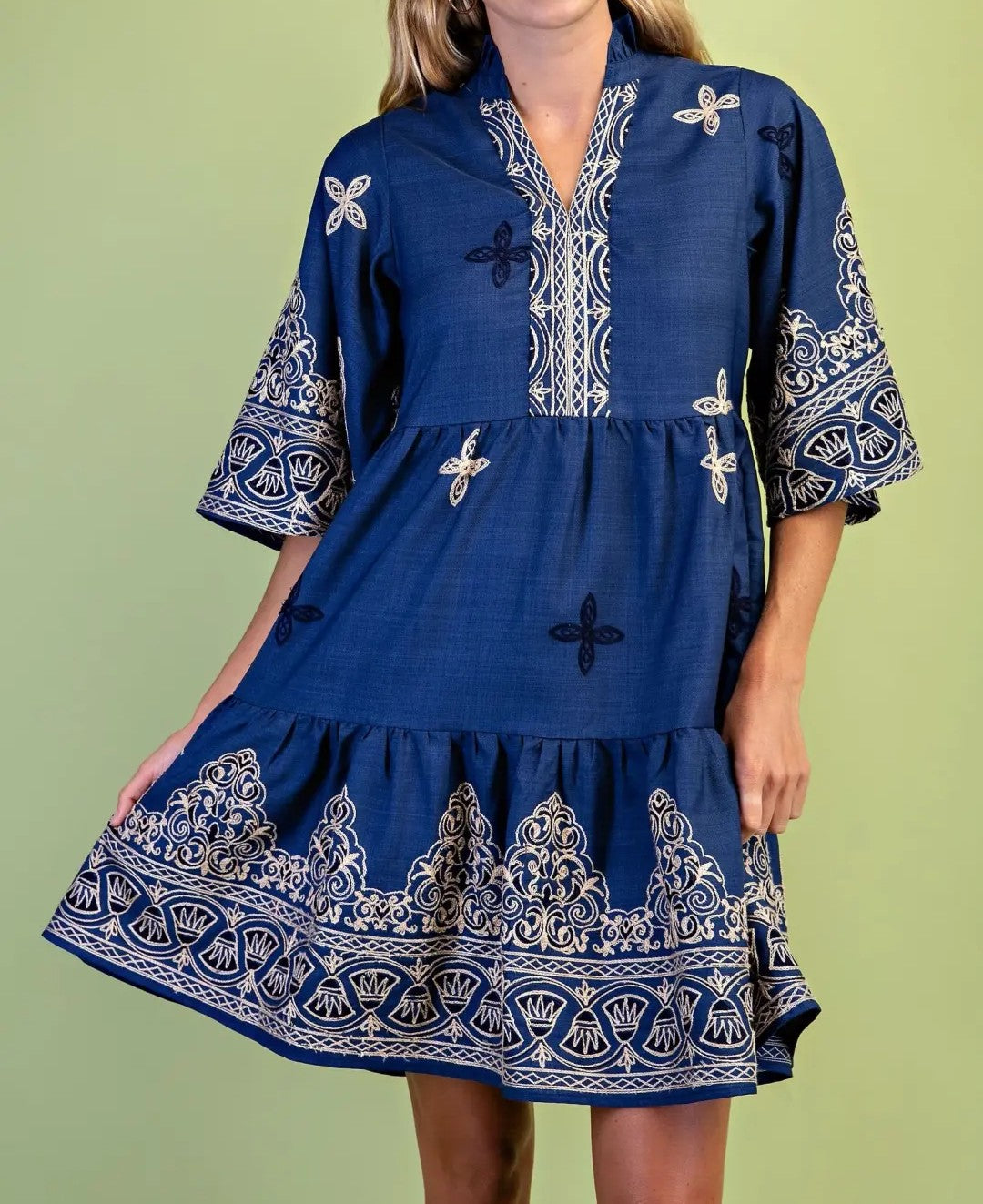 CLASSIC BLUE EMBROIDERED PRINT WIDE SLEEVE TIERED MINI DRESS
