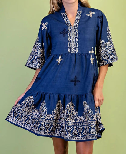 CLASSIC BLUE EMBROIDERED PRINT WIDE SLEEVE TIERED MINI DRESS