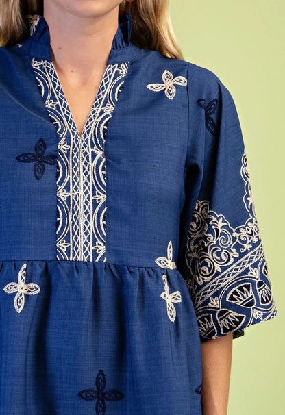 CLASSIC BLUE EMBROIDERED PRINT WIDE SLEEVE TIERED MINI DRESS