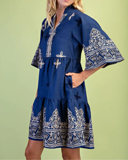 CLASSIC BLUE EMBROIDERED PRINT WIDE SLEEVE TIERED MINI DRESS