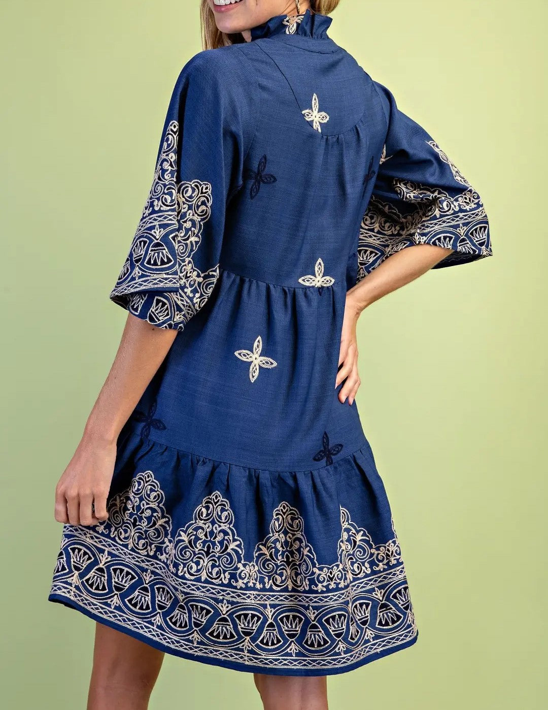 CLASSIC BLUE EMBROIDERED PRINT WIDE SLEEVE TIERED MINI DRESS