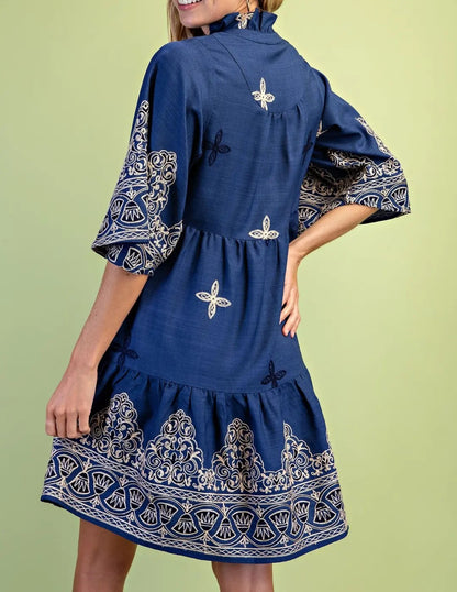CLASSIC BLUE EMBROIDERED PRINT WIDE SLEEVE TIERED MINI DRESS