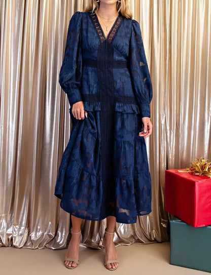 NAVY TEXTURED FLORAL PRINT &amp; LACE DETAIL LONG SLEEVE TIERED MIDI DRESS
