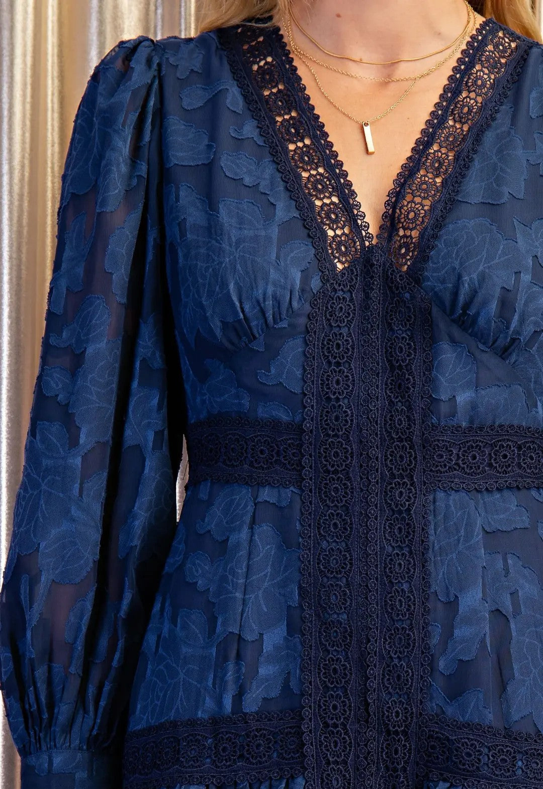 NAVY TEXTURED FLORAL PRINT &amp; LACE DETAIL LONG SLEEVE TIERED MIDI DRESS