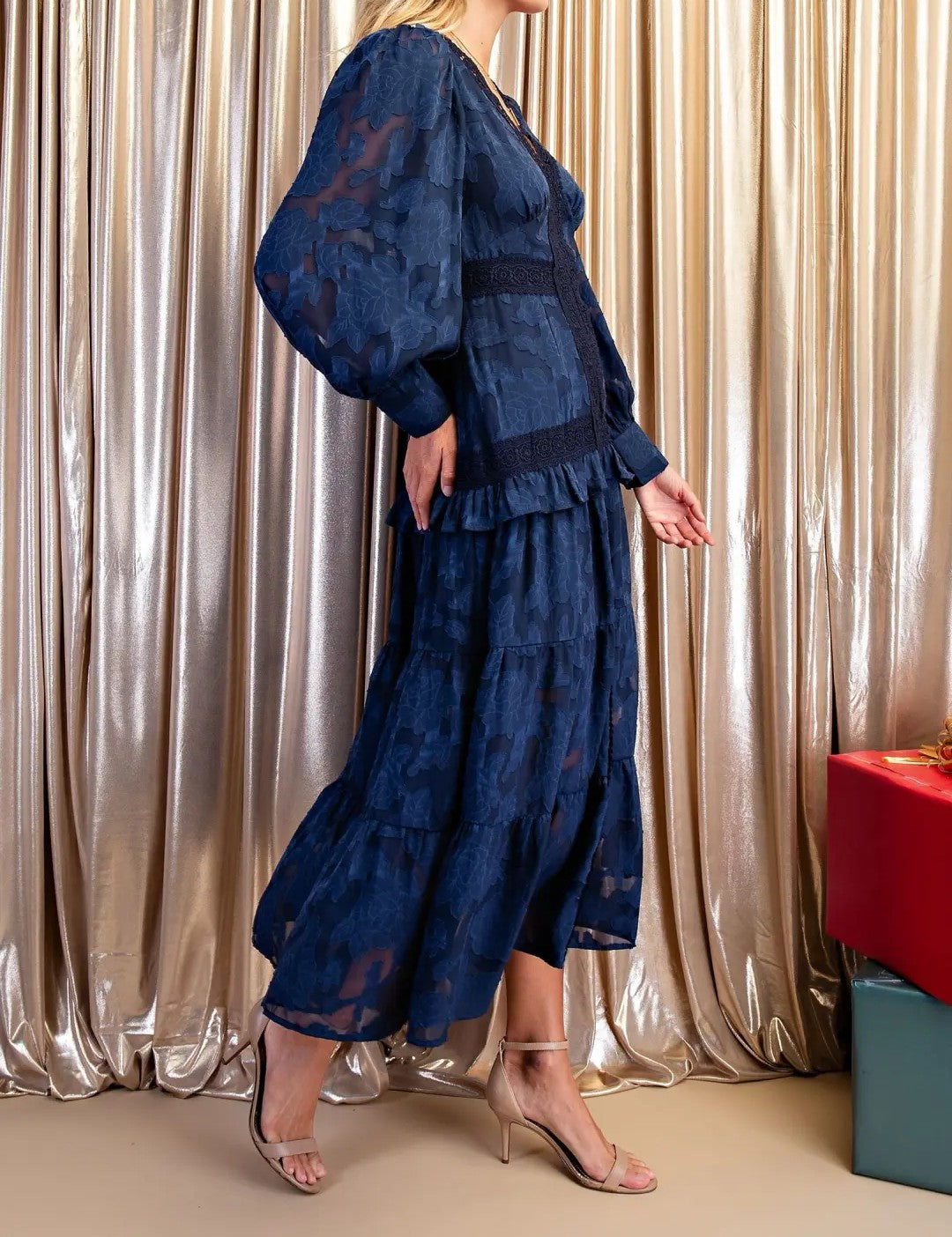 NAVY TEXTURED FLORAL PRINT &amp; LACE DETAIL LONG SLEEVE TIERED MIDI DRESS