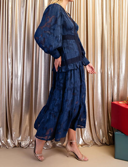 NAVY TEXTURED FLORAL PRINT &amp; LACE DETAIL LONG SLEEVE TIERED MIDI DRESS