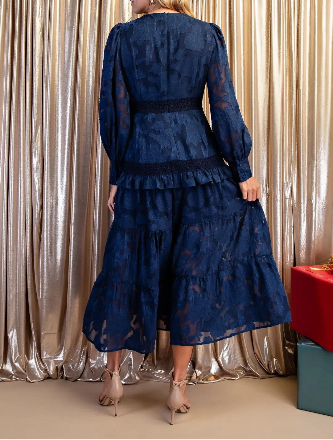 NAVY TEXTURED FLORAL PRINT &amp; LACE DETAIL LONG SLEEVE TIERED MIDI DRESS