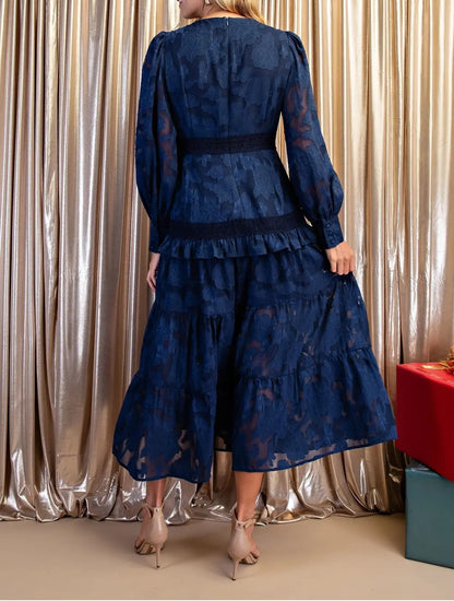 NAVY TEXTURED FLORAL PRINT &amp; LACE DETAIL LONG SLEEVE TIERED MIDI DRESS