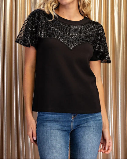BLACK EMBELLISHED TULLE CAPELET SHORT SLEEVE TOP