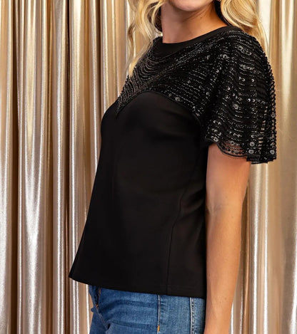 BLACK EMBELLISHED TULLE CAPELET SHORT SLEEVE TOP