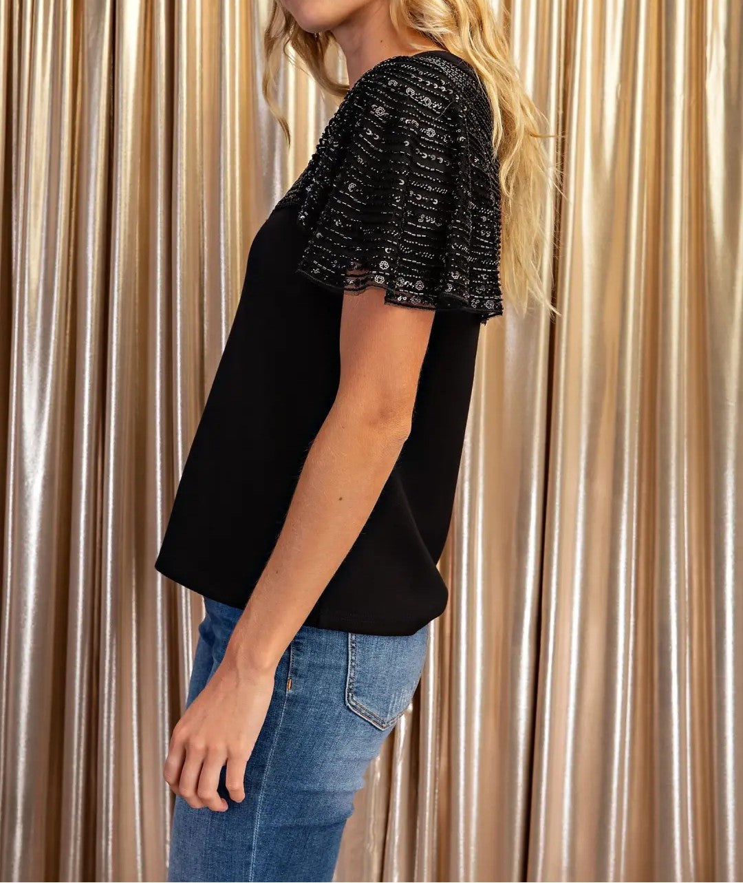 BLACK EMBELLISHED TULLE CAPELET SHORT SLEEVE TOP