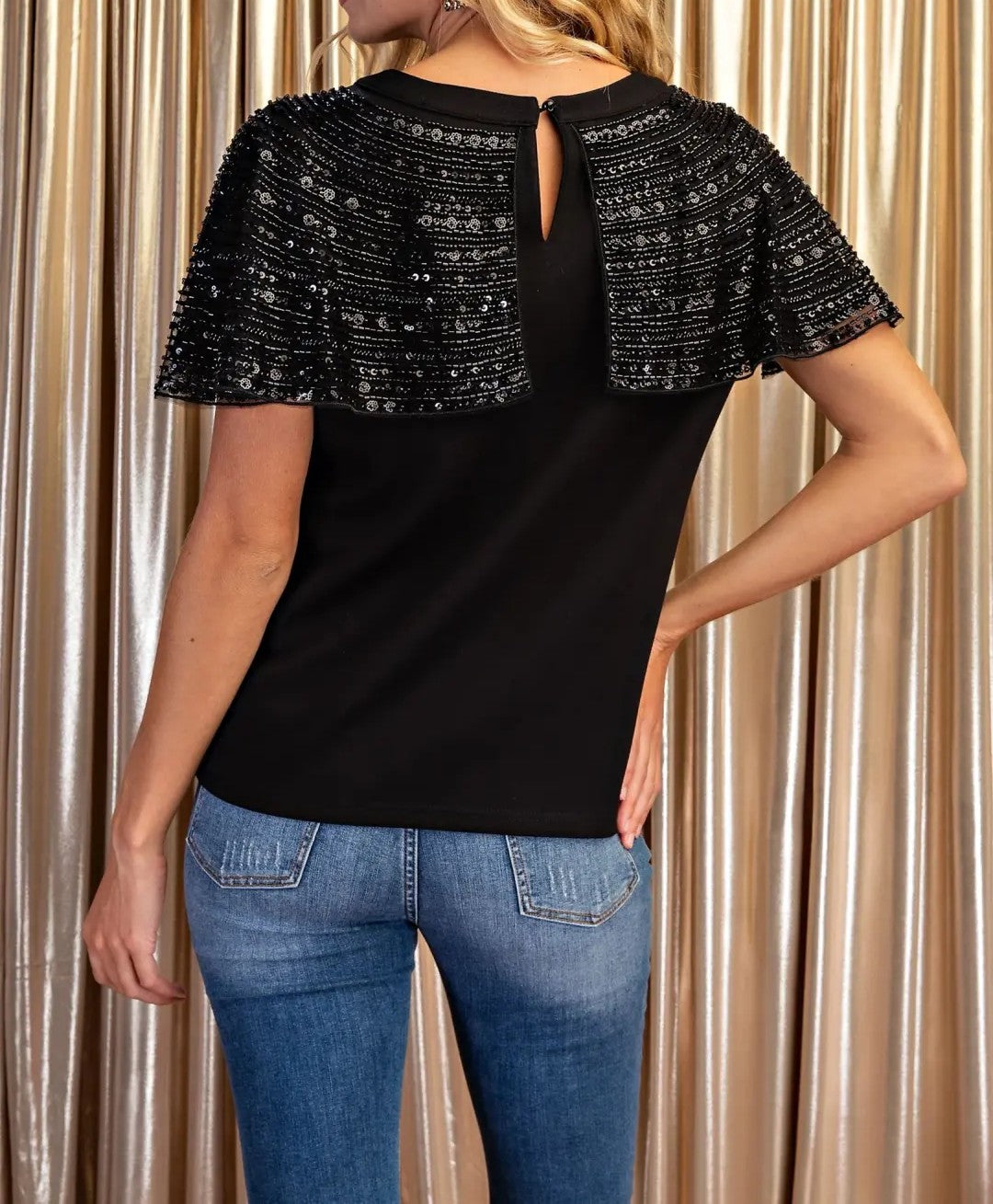 BLACK EMBELLISHED TULLE CAPELET SHORT SLEEVE TOP