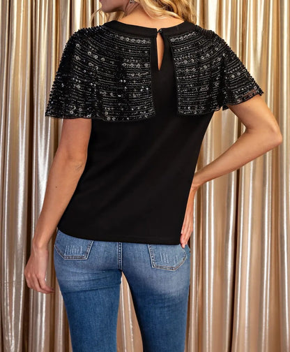 BLACK EMBELLISHED TULLE CAPELET SHORT SLEEVE TOP