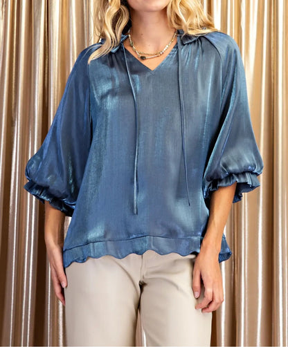 MIDNIGHT BLUE SHIMMERY TIE NECK 3/4 GATHERED SLEEVE SCALLOP EDGE TOP
