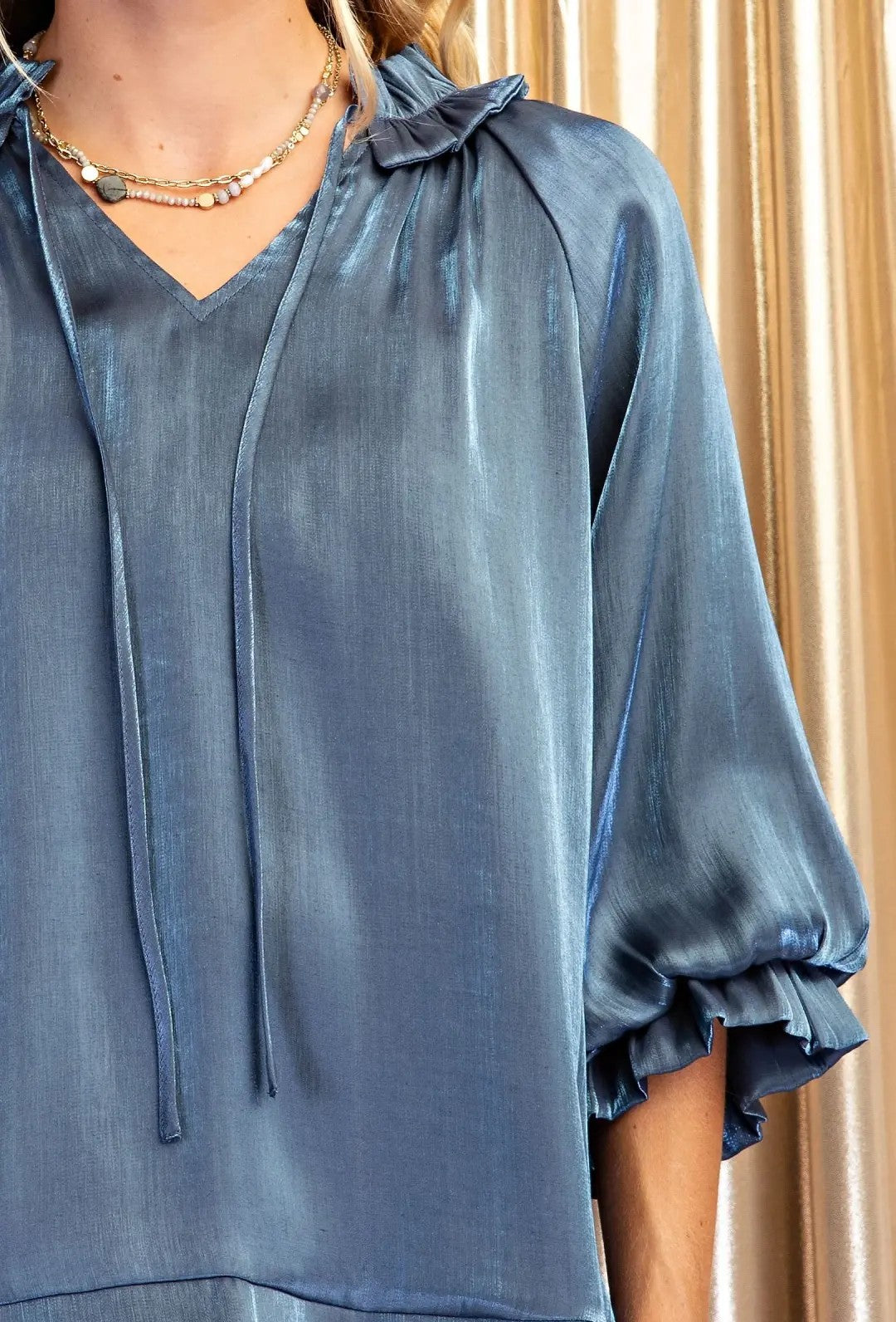 MIDNIGHT BLUE SHIMMERY TIE NECK 3/4 GATHERED SLEEVE SCALLOP EDGE TOP