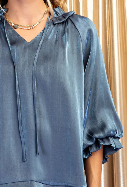 MIDNIGHT BLUE SHIMMERY TIE NECK 3/4 GATHERED SLEEVE SCALLOP EDGE TOP