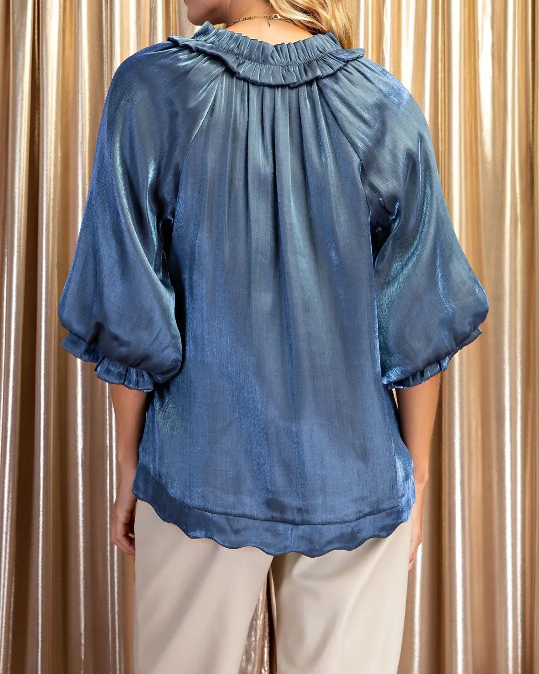 MIDNIGHT BLUE SHIMMERY TIE NECK 3/4 GATHERED SLEEVE SCALLOP EDGE TOP