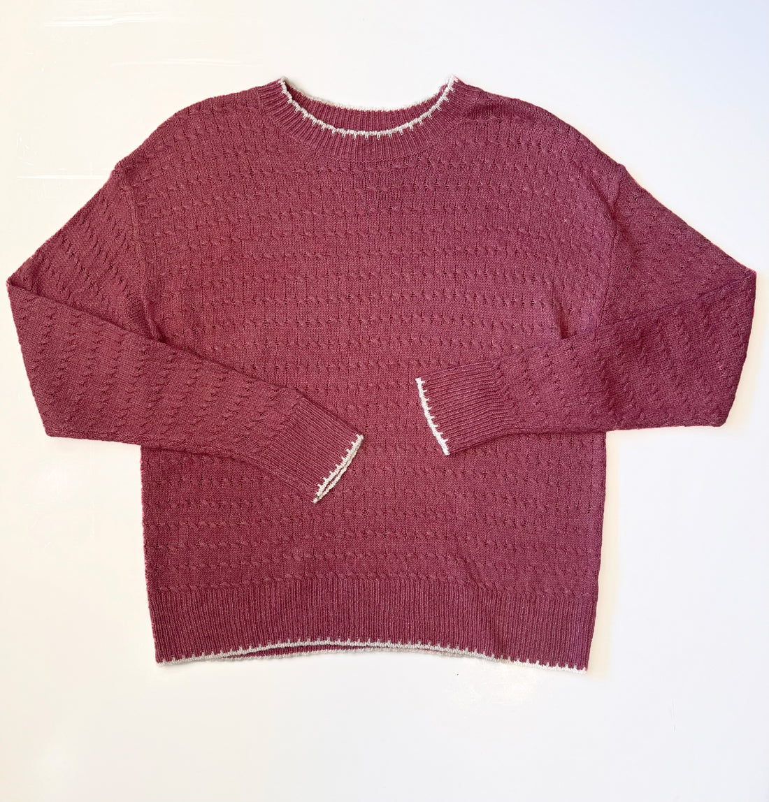 ROSE CABLE KNIT BLANKET STITCH DETAIL LONG SLEEVE PULLOVER SWEATER