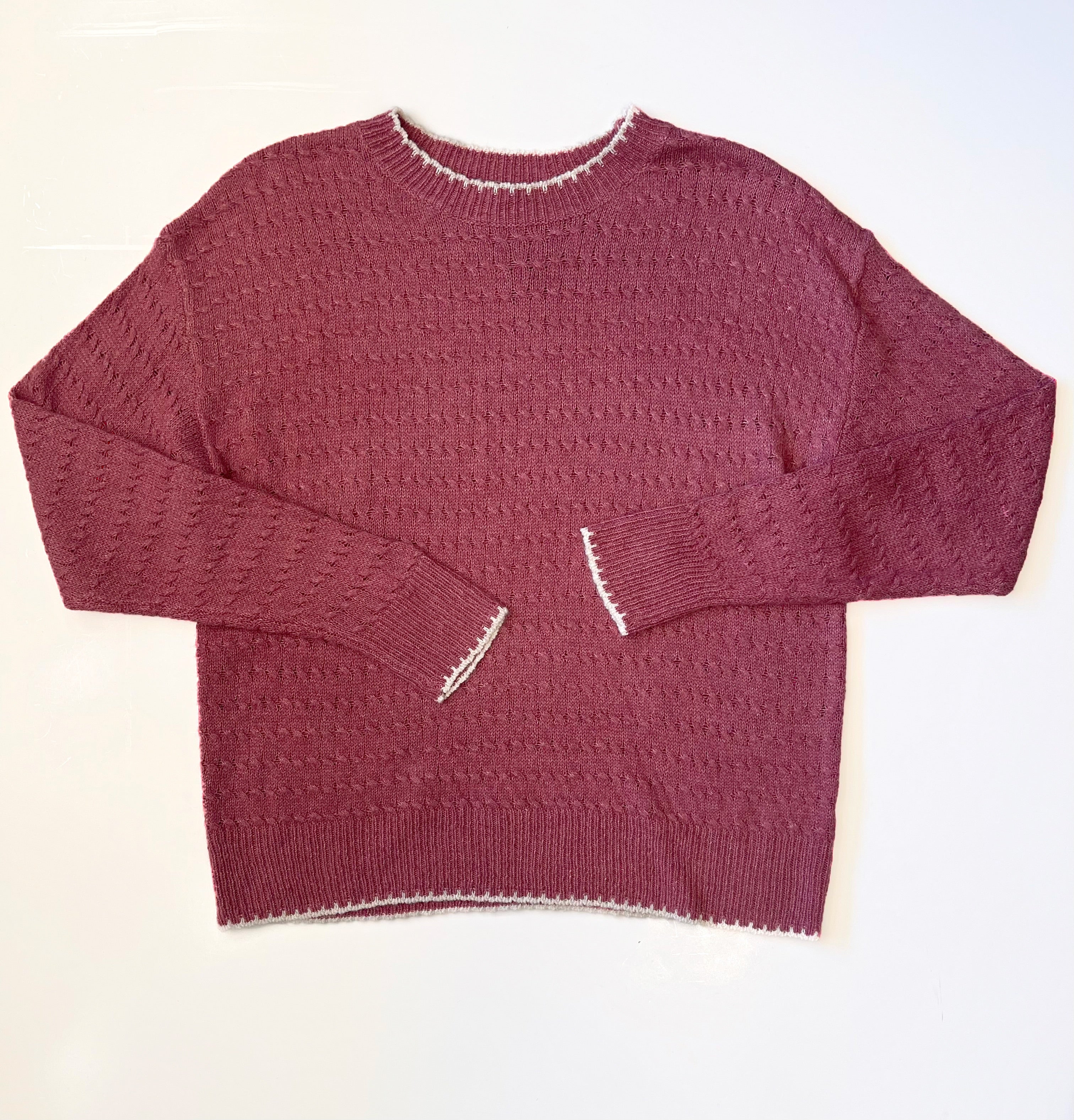 ROSE CABLE KNIT BLANKET STITCH DETAIL LONG SLEEVE PULLOVER SWEATER