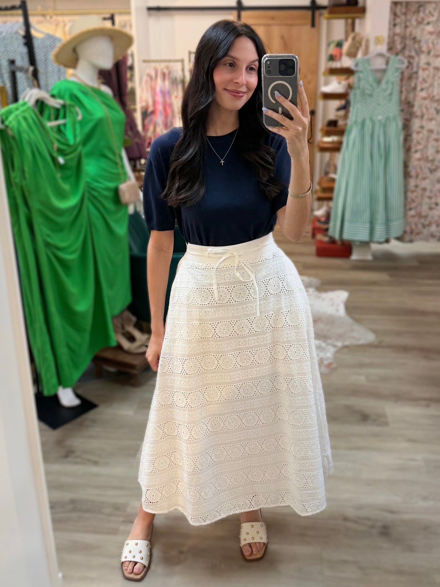 WHITE EYELET EMBROIDERY WAIST STITCH MIDI SKIRT