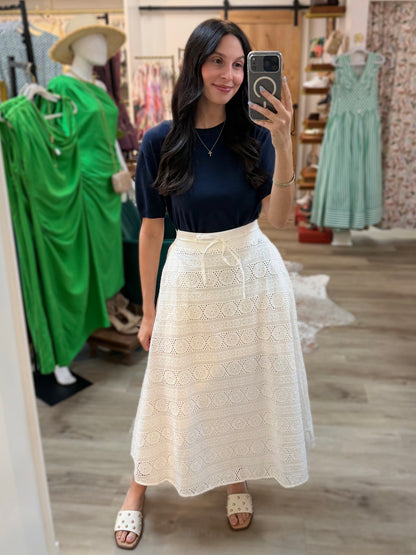 WHITE EYELET EMBROIDERY WAIST STITCH MIDI SKIRT