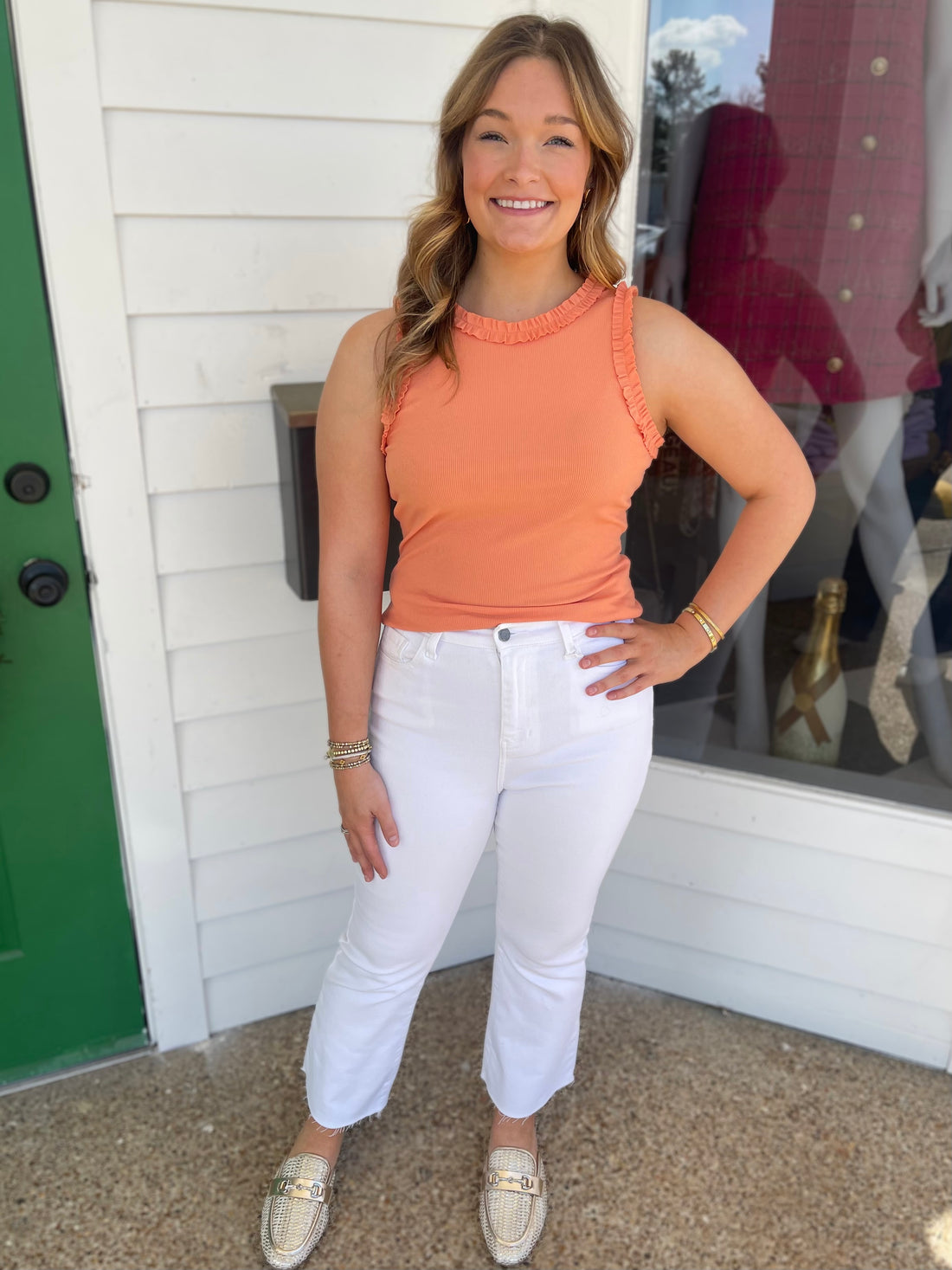 SALMON RIBBED TANK WITH RUFFLE DETAIL