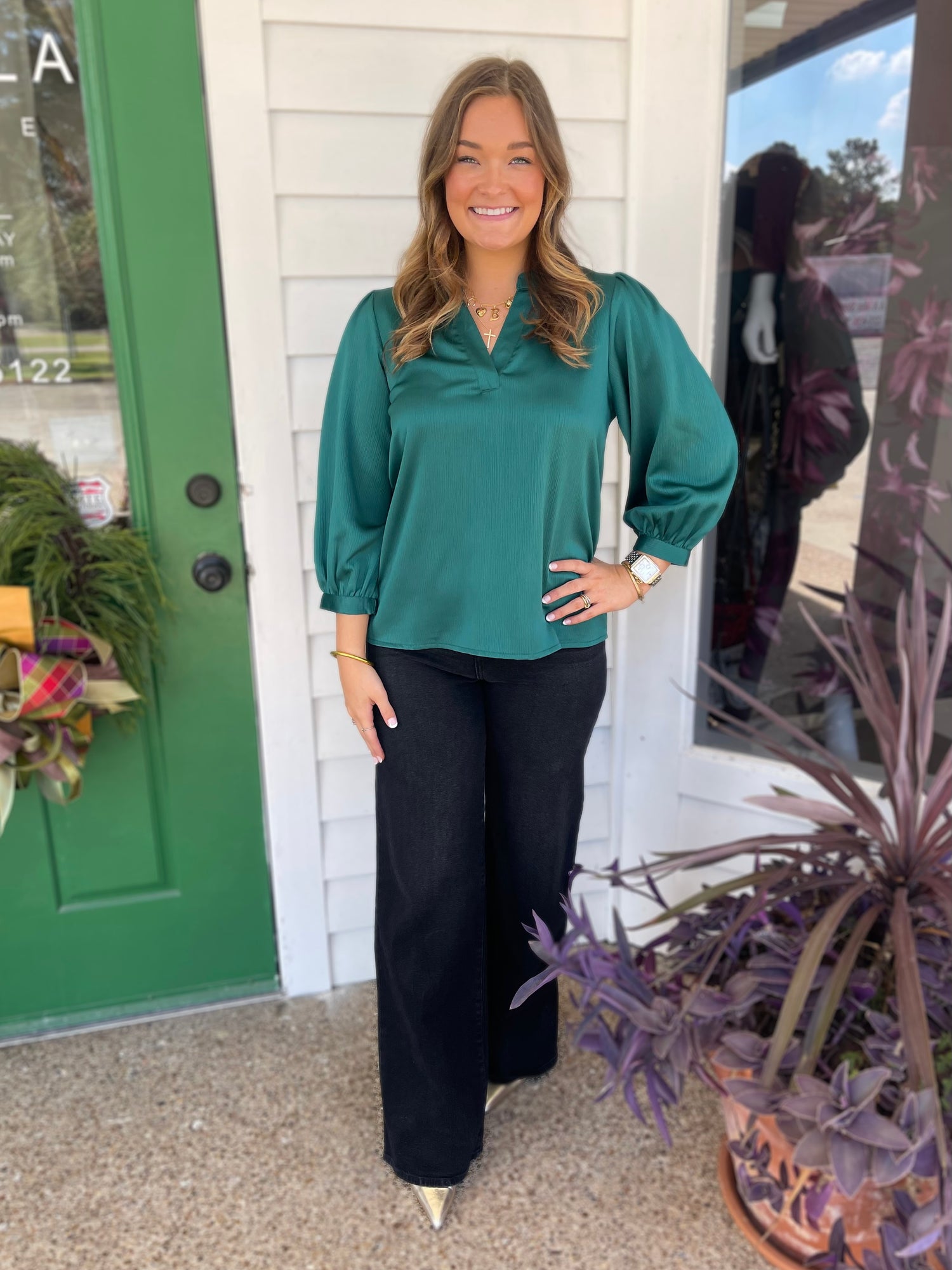 EMERALD GREEN BALLOON SLEEVE VERONICA TEXTURED TOP