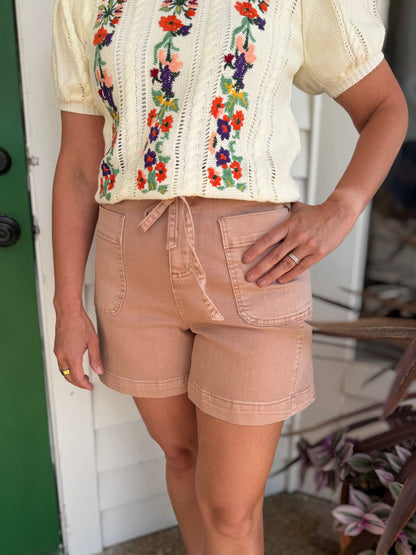 DUSTY BLUSH ELASTIC WAIST COASTAL TIE SHORTS