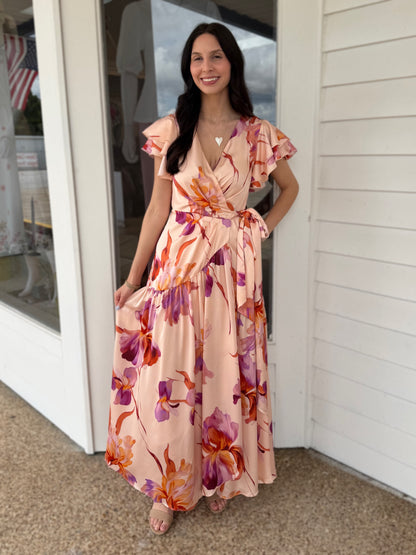 CHAMPAGNE MULTI FLORAL PRINT ASYMMETRIAL TIERED RUFFLE SLEEVE SATIN WRAP MAXI DRESS