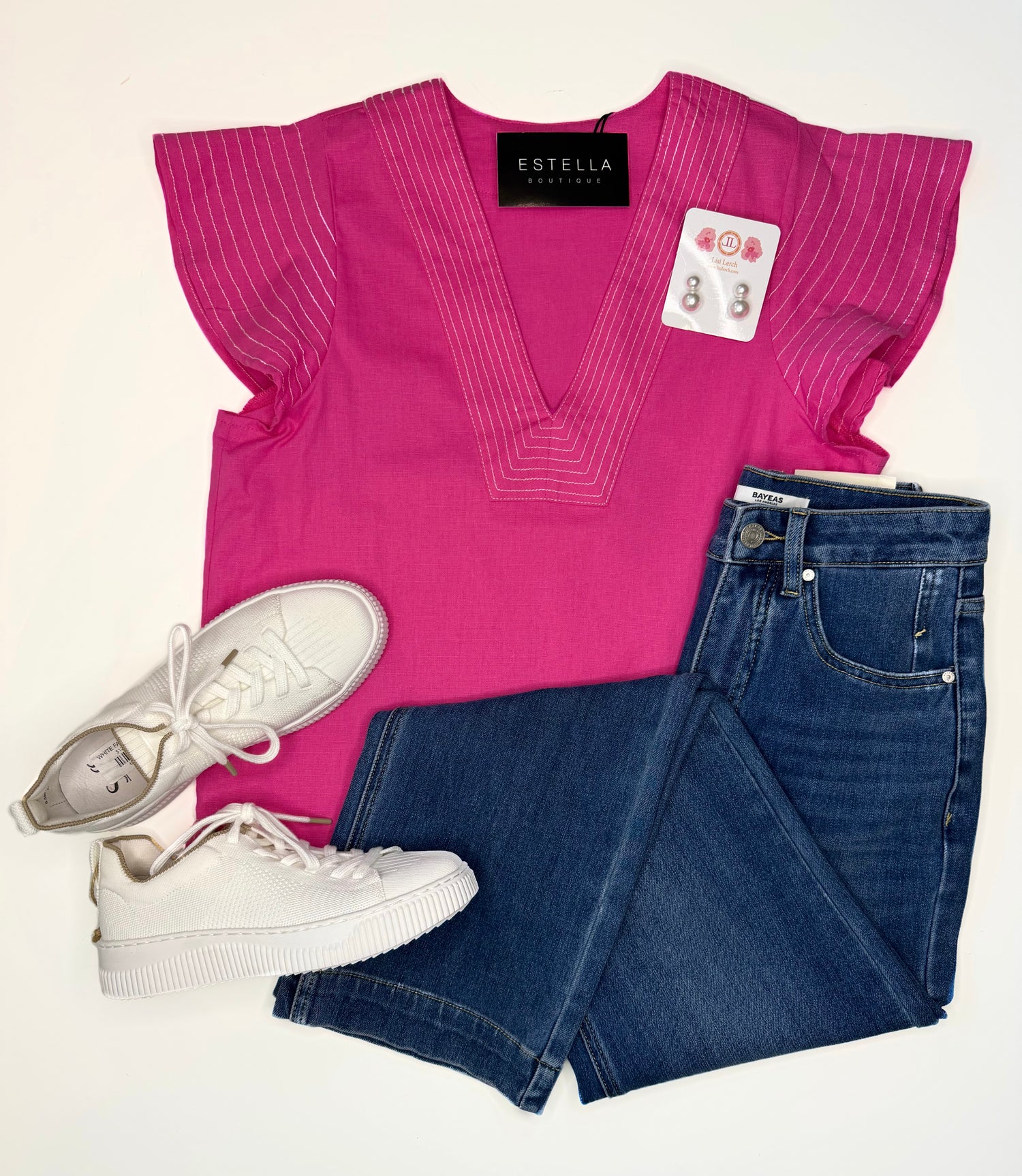 PINK CONTRAST STITCH SHORT RUFFLE SLEEVE VNECK TOP