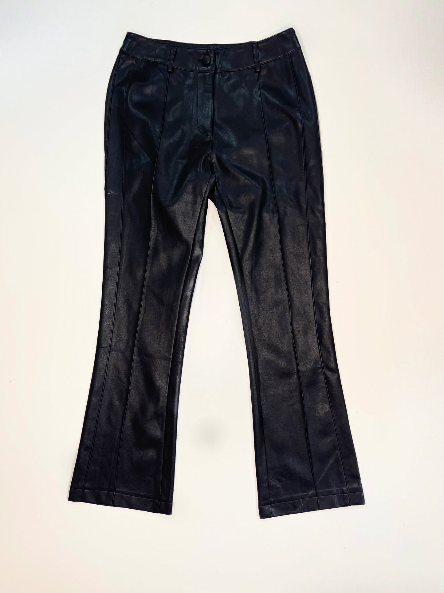 BLACK FAUX LEATHER PINTUCK FLARE PANTS