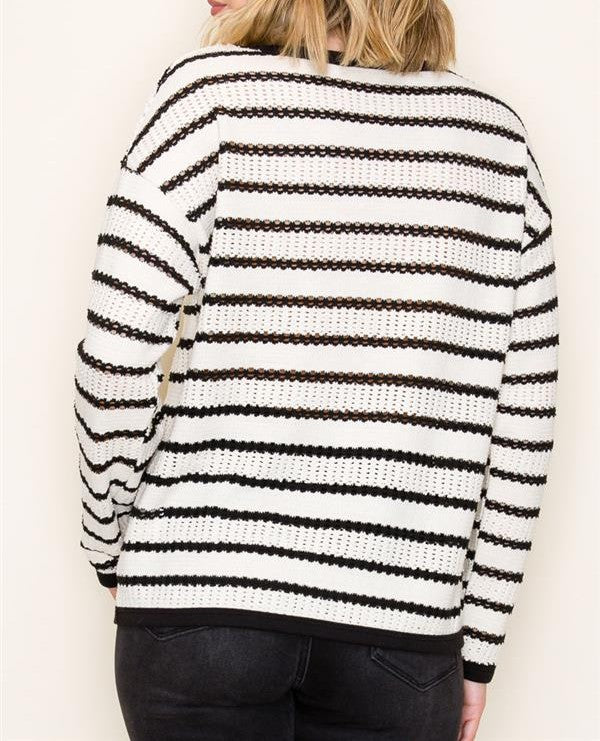 IVORY/BLACK POINTELLE STRIPED KNIT LONG SLEEVE SWEATER TOP