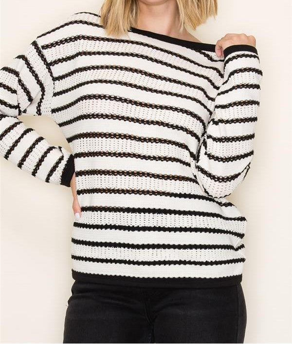 IVORY/BLACK POINTELLE STRIPED KNIT LONG SLEEVE SWEATER TOP
