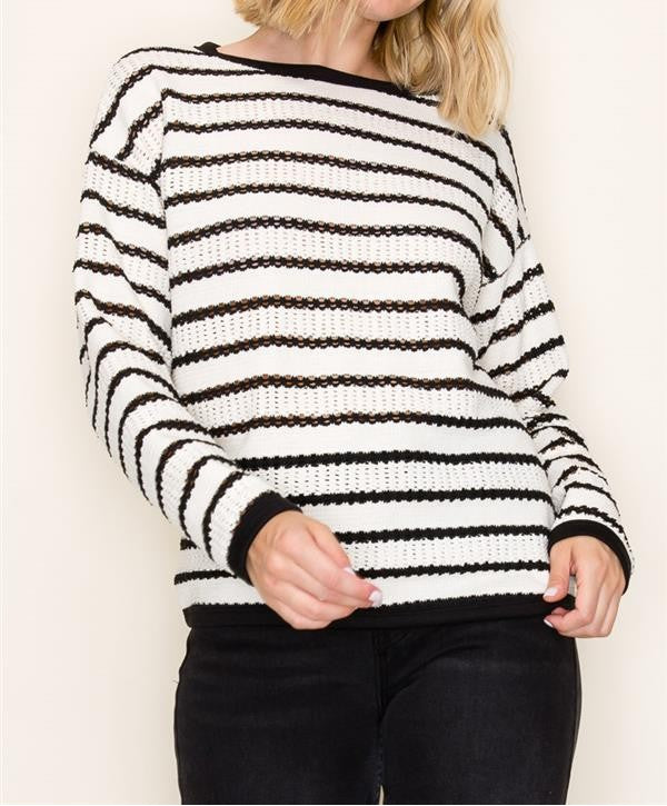 IVORY/BLACK POINTELLE STRIPED KNIT LONG SLEEVE SWEATER TOP