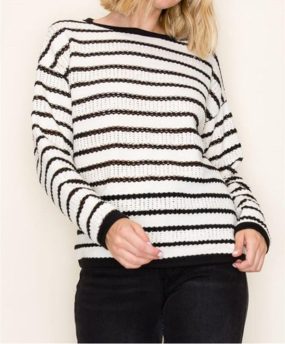 IVORY/BLACK POINTELLE STRIPED KNIT LONG SLEEVE SWEATER TOP