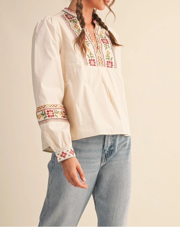 ECRU FLORAL CROSS STITCH EMBROIDERY DETAIL LONG PUFF SLEEVE TOP