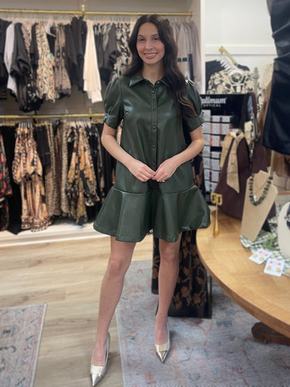 OLIVE FAUX LEATHER BUTTON UP RUFFLE TIER MINI DRESS