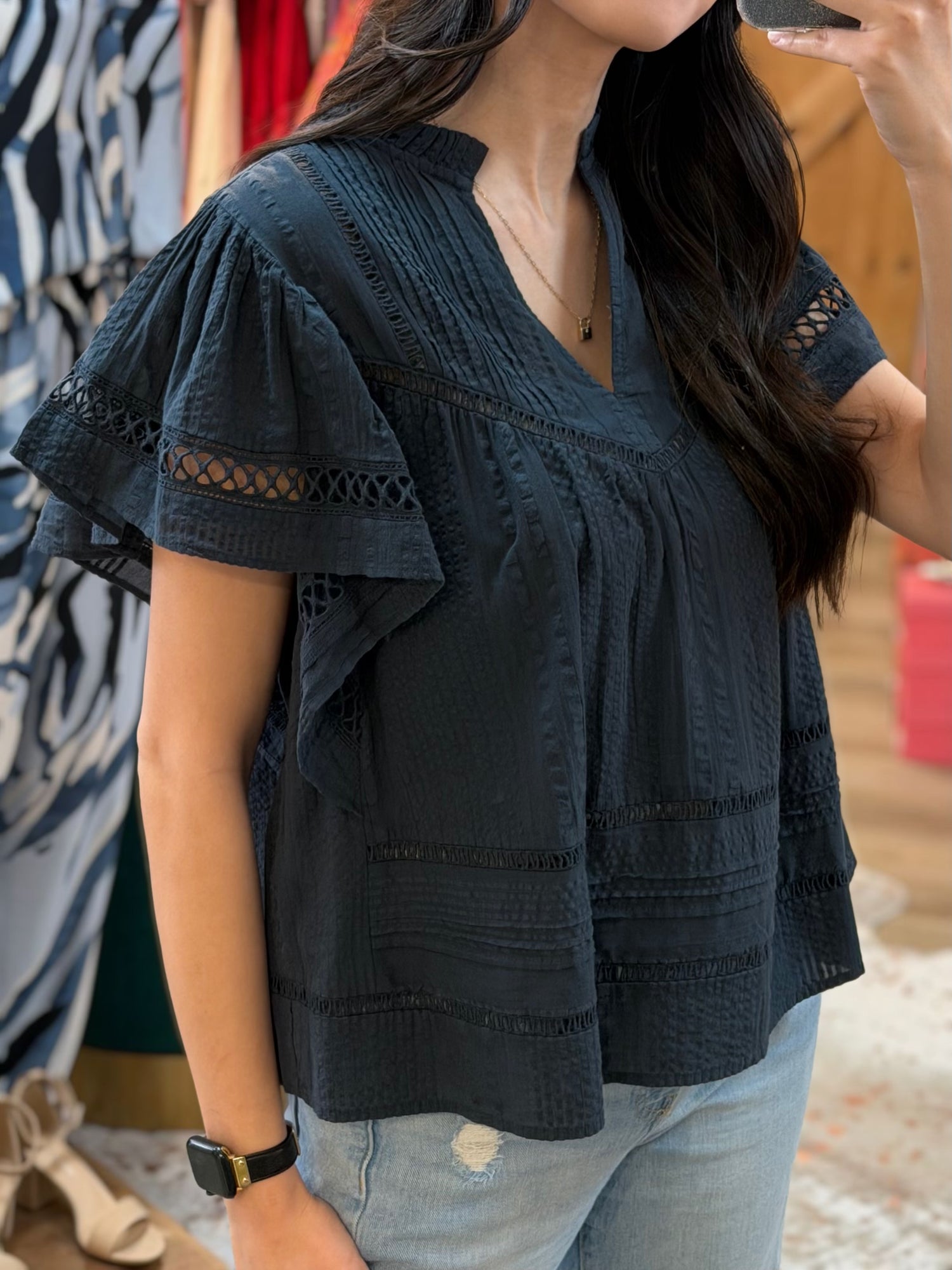 NAVY LACE DETAIL SHORT RUFFLE SLEEVE TOP