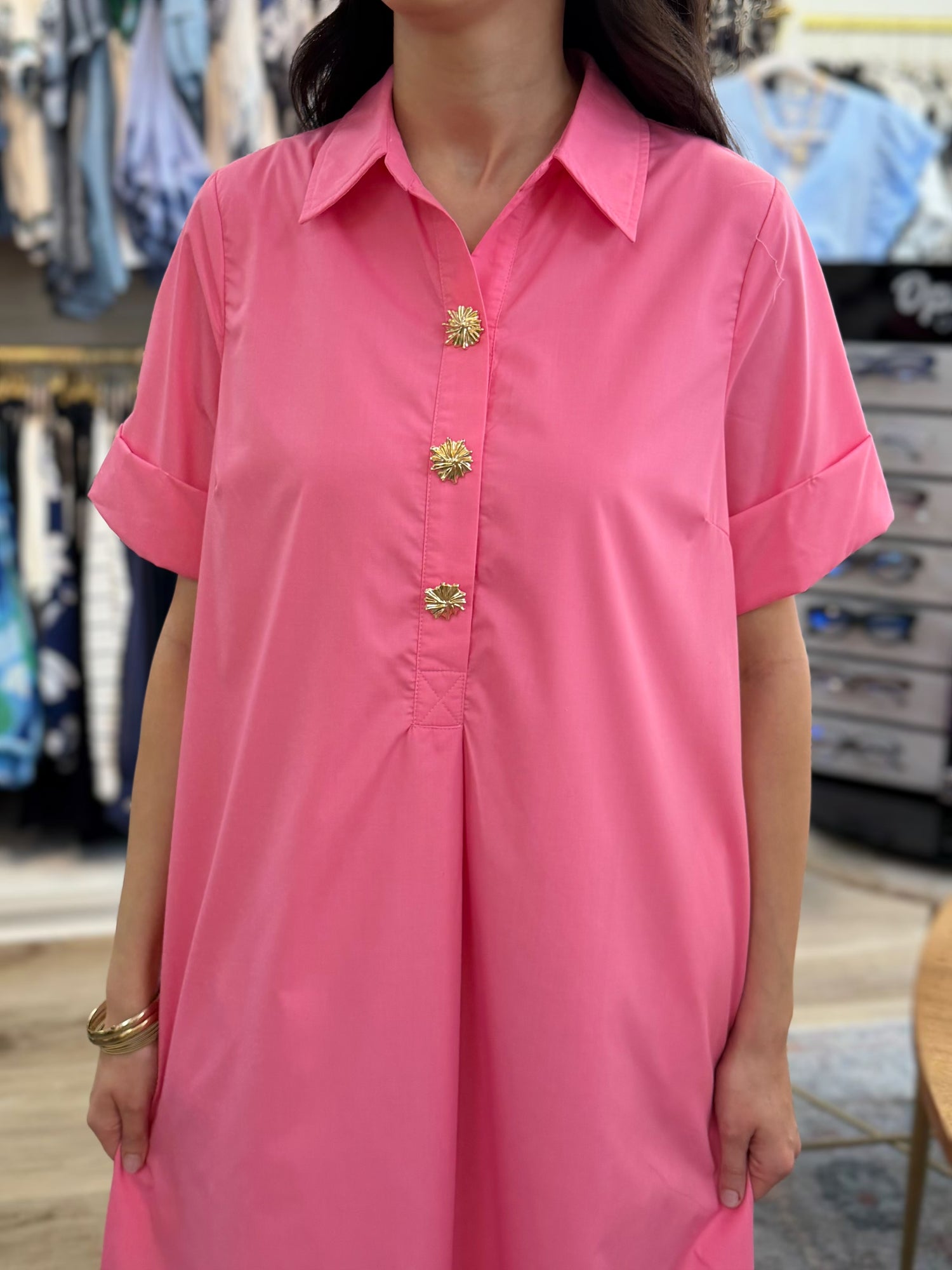 PINK COLLARED GOLD SNAP BUTTON MAXI DRESS