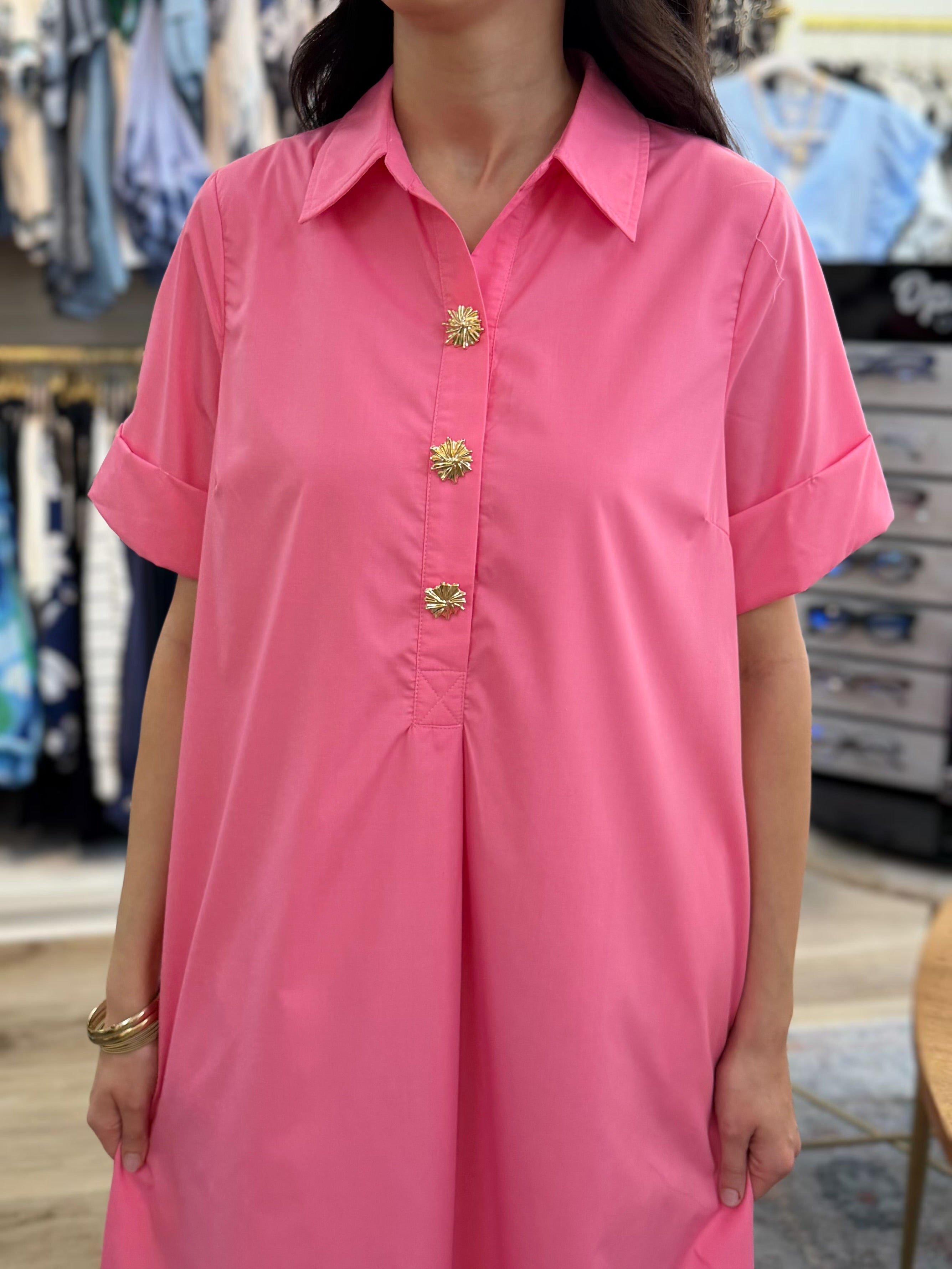 PINK COLLARED GOLD SNAP BUTTON MAXI DRESS