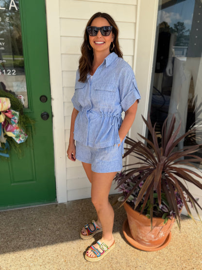 CHAMBRAY WAIST TIE PULL ON SHORTS