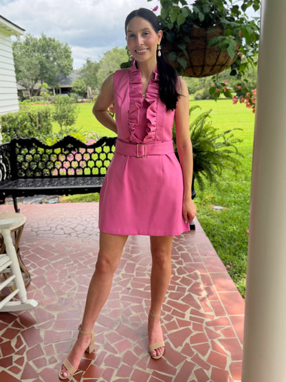 KNOCKOUT PINK RUFFLED NECK FITTED MERCEDES MINI DRESS
