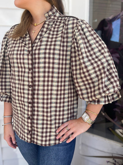 BROWN CHECKERED PRINT BUTTON DOWN GATHERED SLEEVE TOP