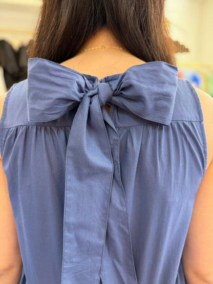NAVY POPLIN TIERED A-LINE SLEEVELESS MAXI DRESS