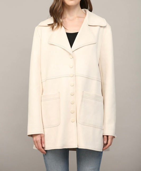 ECRU CONTRAST STITCHING DETAIL FAUX SUEDE COAT